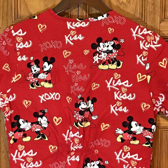 Disney Mickey & Minnie Mouse Scrub Top Women's XS Red Wrap Cinch Back 3 Pocket - Picture 7 of 12